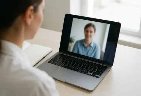 A therapist in her office attending to a patient via video call on a laptop computer.