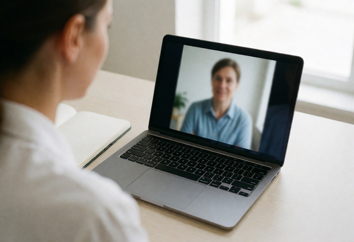 A therapist in her office attending to a patient via video call on a laptop computer.