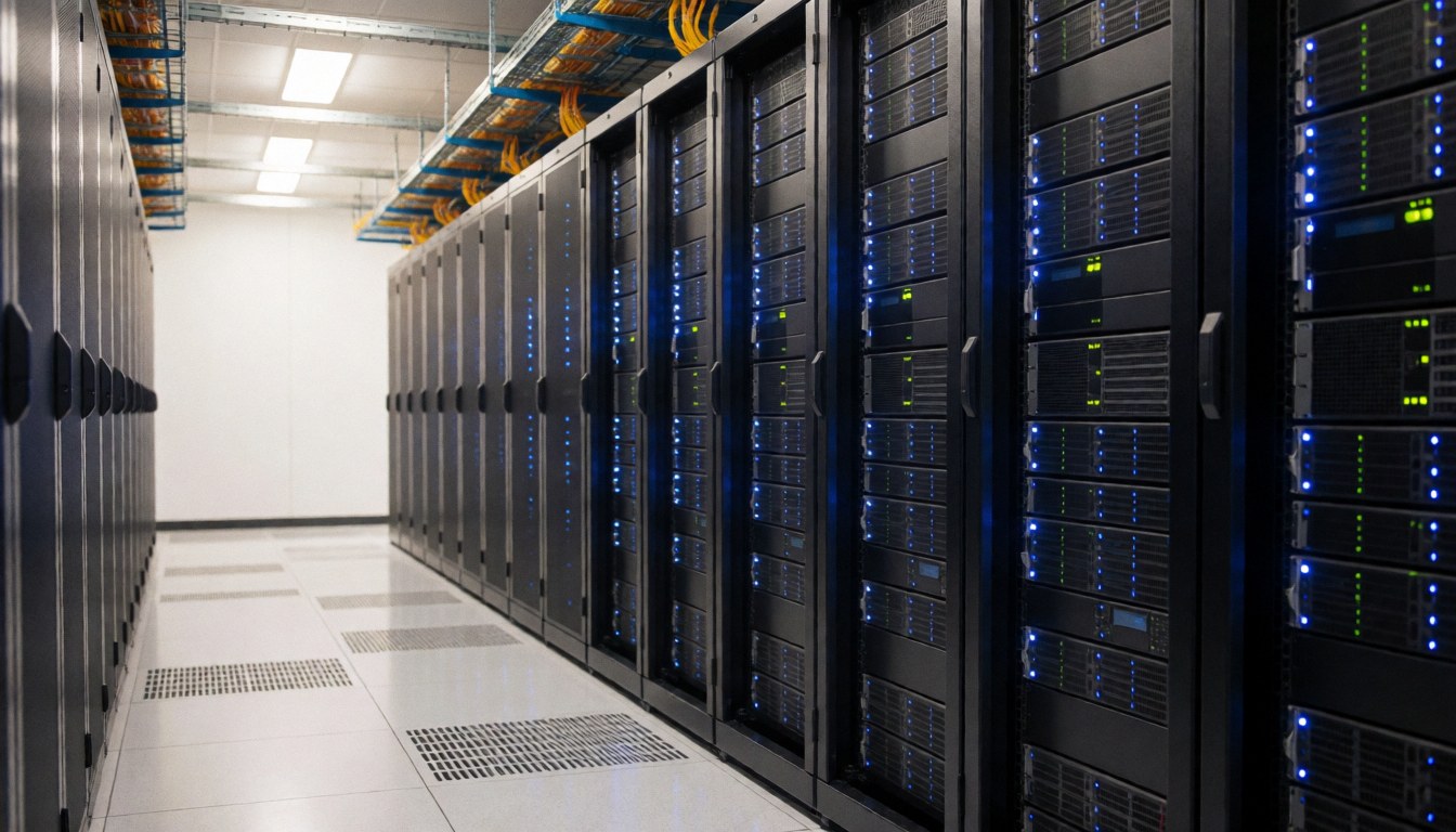 Rows of server racks with blue indicator lights in a clean data center hallway with polished floors and overhead lighting