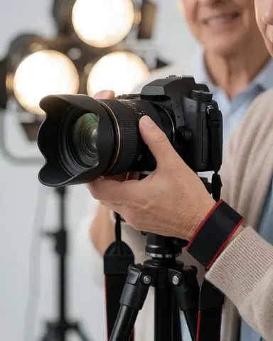 Close-up view of a photographer's hands adjusting the focus ring on a professional camera lens mounted on a tripod within a photography studio setting