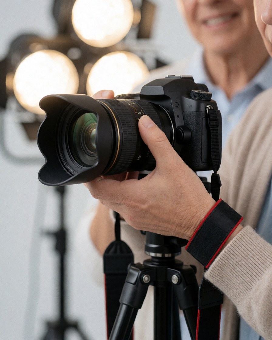Close-up view of a photographer's hands adjusting the focus ring on a professional camera lens mounted on a tripod within a photography studio setting