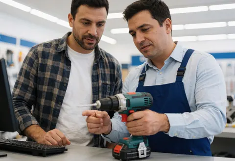 Employee in hardware store demonstrates an electric drill to a customer who is attentively observing it.