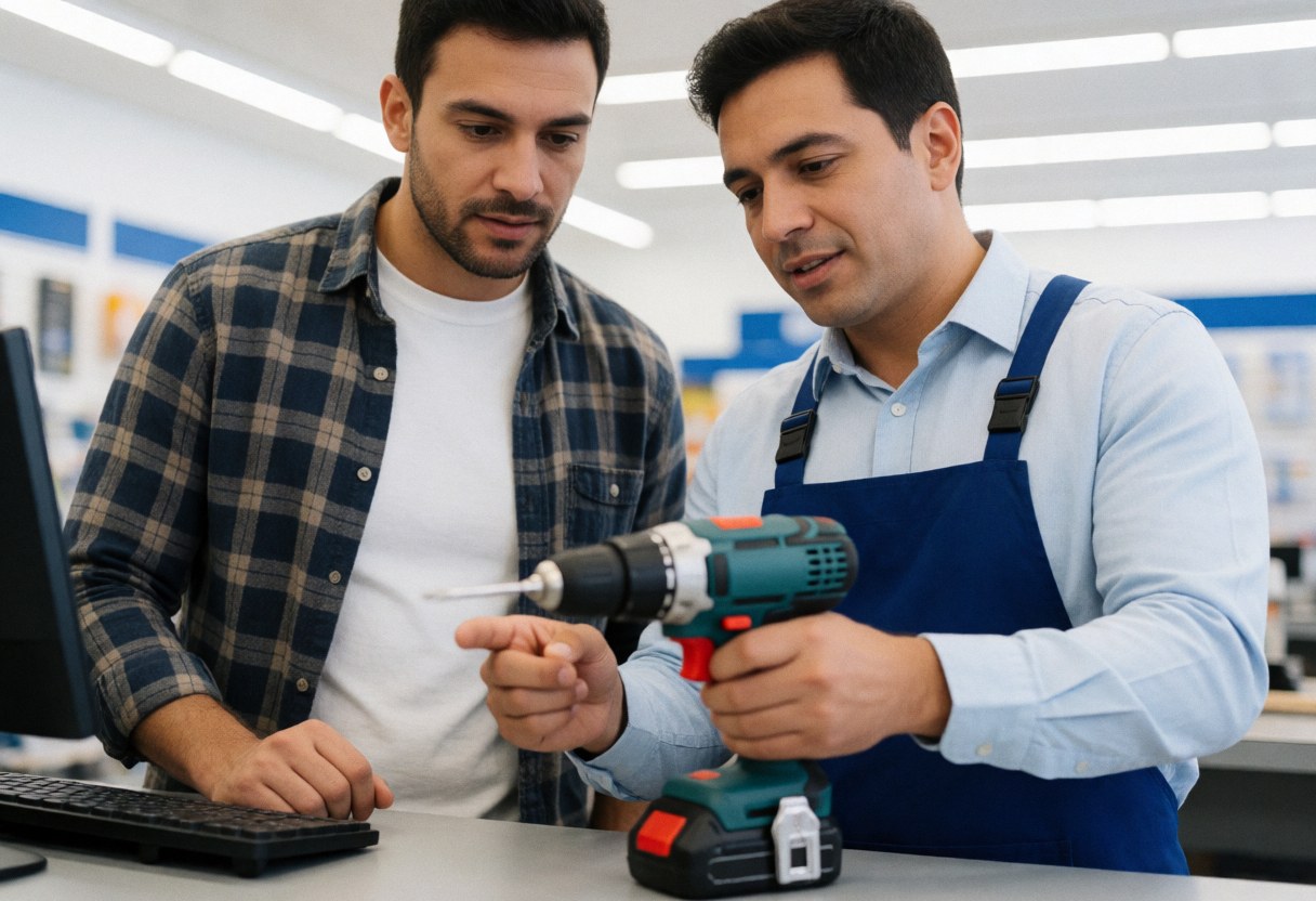 Employee in hardware store demonstrates an electric drill to a customer who is attentively observing it.