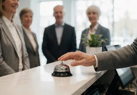 A hand rings a service bell at a modern reception desk with people in the background.