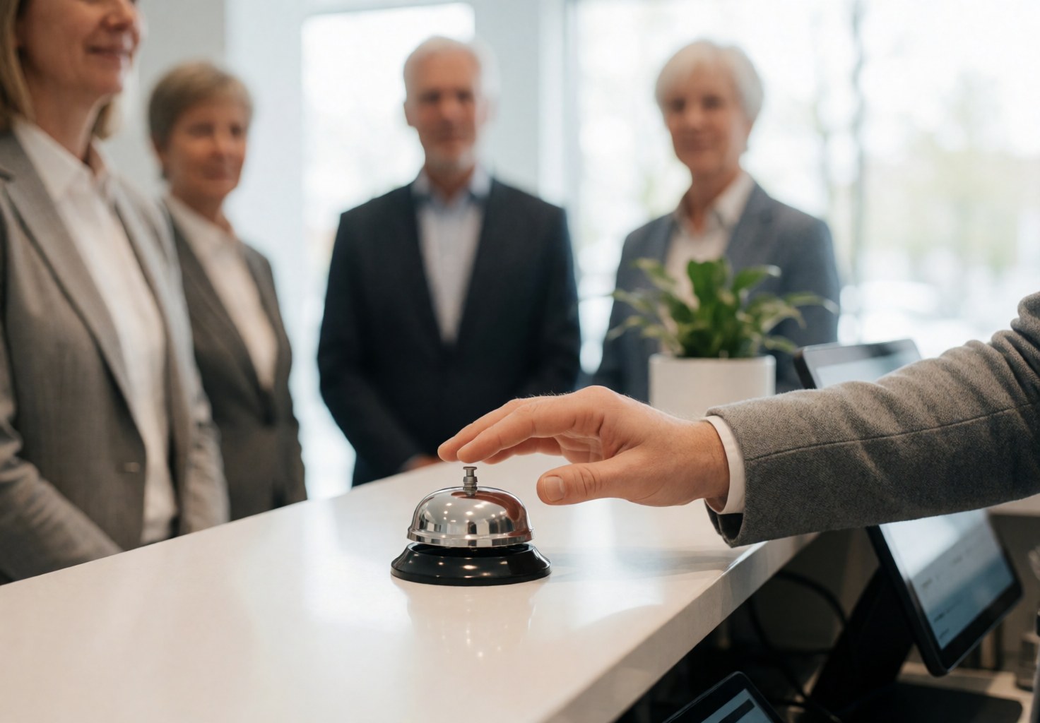 Close-up of a hand pressing a service bell on a clean office reception desk with plants, a tablet, and blurred people in the background.