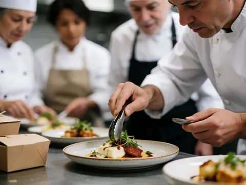 Chef plating gourmet dish with tongs, team of chefs working in restaurant kitchen