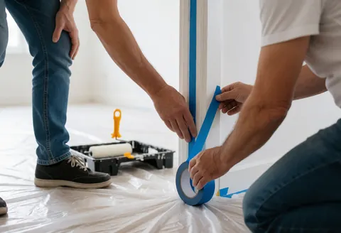 Close-up of hands applying blue painter's tape to a white door frame, with a roller and plastic sheeting on the floor for house painting preparation