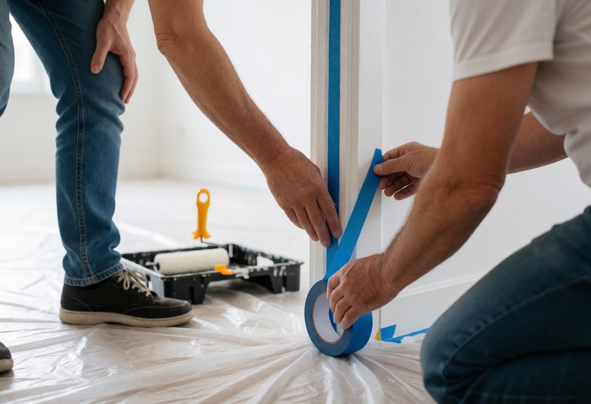 Close-up of hands applying blue painter's tape to a white door frame, with a roller and plastic sheeting on the floor for house painting preparation