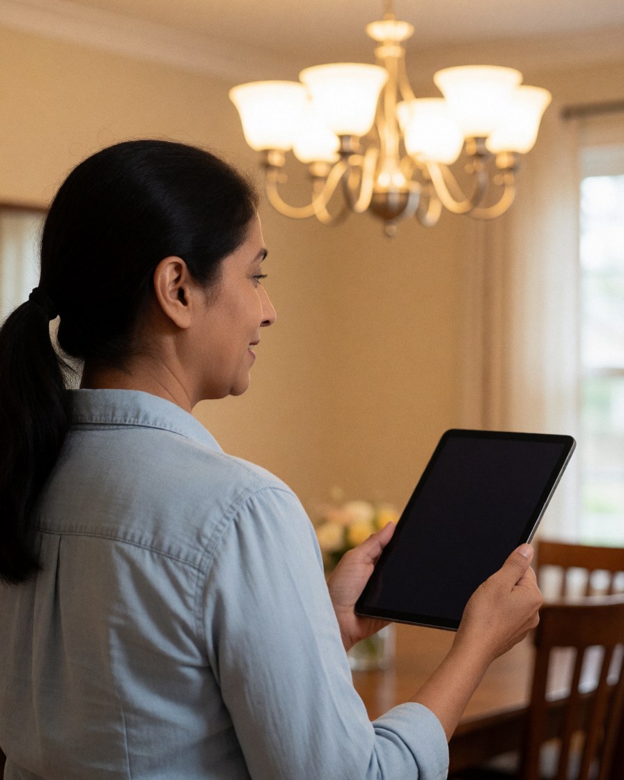A woman holds a tablet while inspecting a hanging chandelier in a dining room.