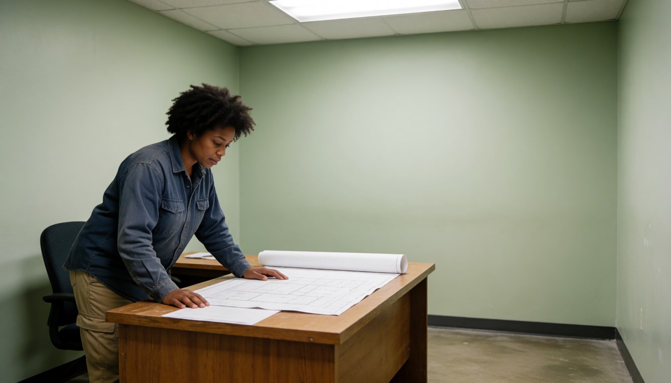 Professional woman examining architectural blueprints at a desk in a construction office with green walls and polished concrete floor