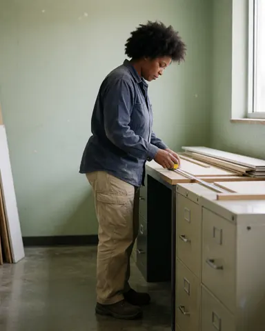 A professional woman in business attire uses a tape measure on a piece of wood in an office setting with natural light from a window