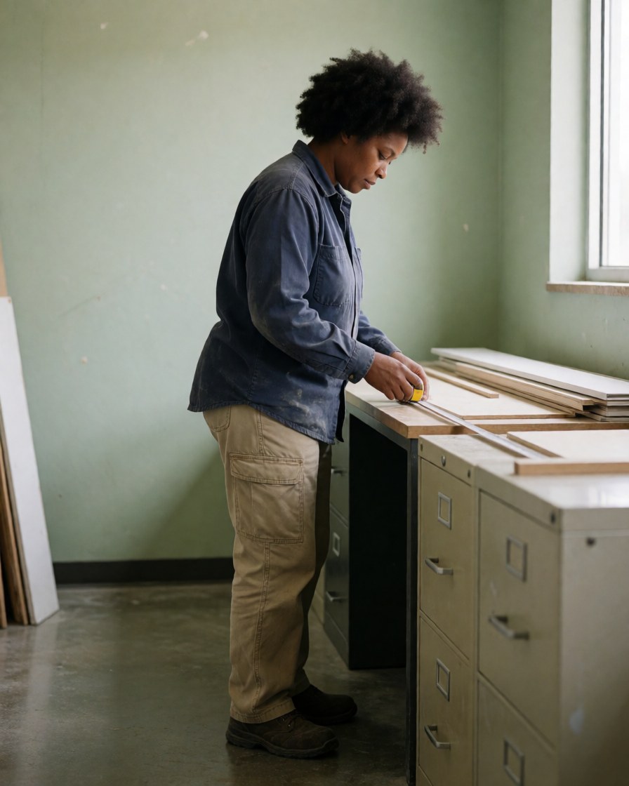 A woman with afro hair carefully measures wooden planks on a workbench in a workshop.