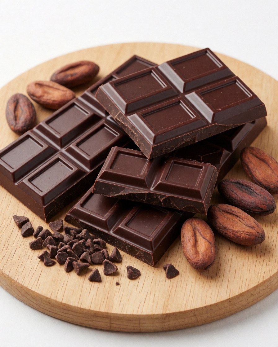 Artisanal dark chocolate bars on a wooden board with cocoa beans and chocolate chips.