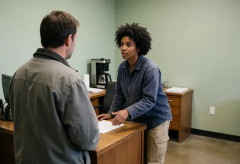 A woman in a construction office explains a plan to a standing client at a wooden desk with a computer and coffee maker.