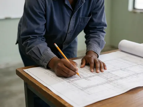 A person in a blue shirt draws with a pencil on an architectural blueprint on a wooden table.