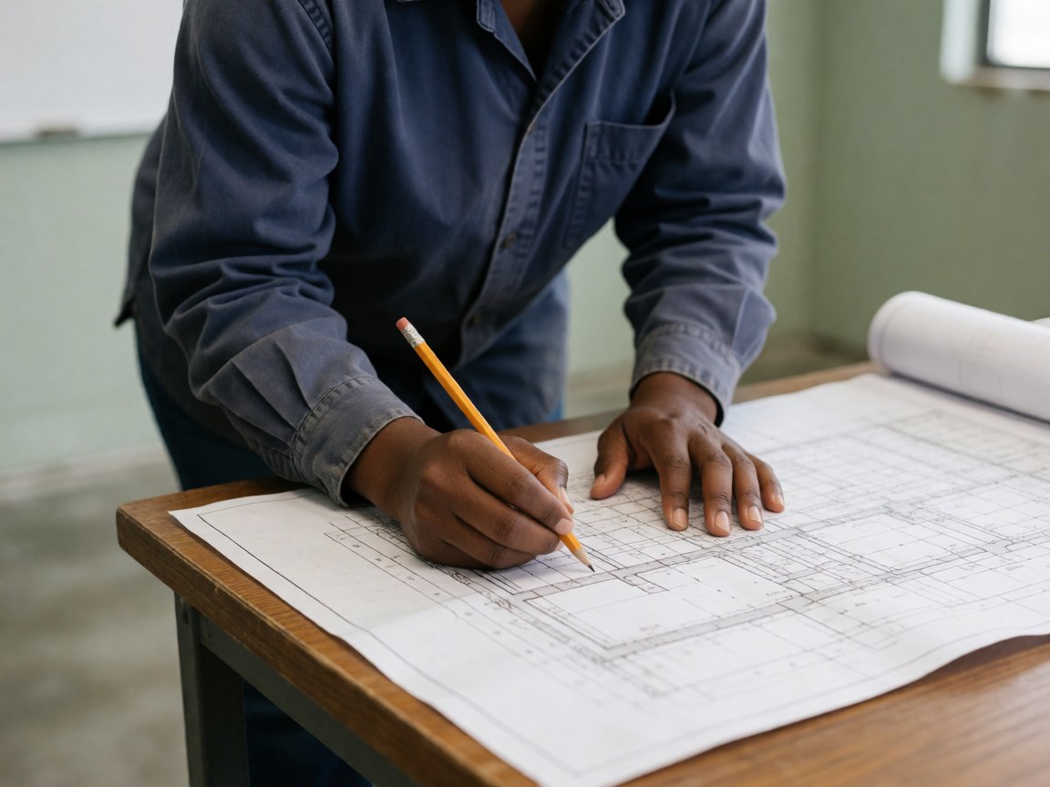 A person in a blue shirt draws with a pencil on an architectural blueprint on a wooden table.