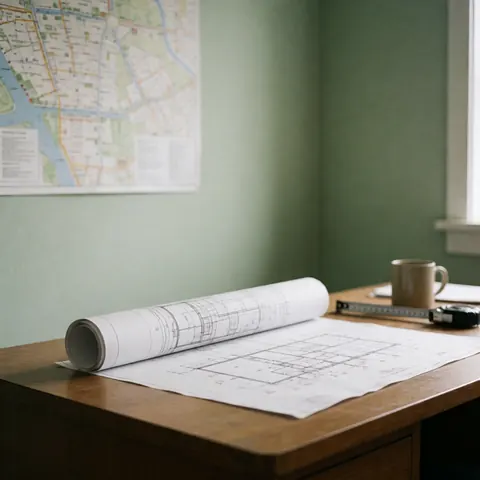 Unfolded architectural blueprint on a wooden table in a construction office with pale green walls, a coffee cup, and a measuring tape.