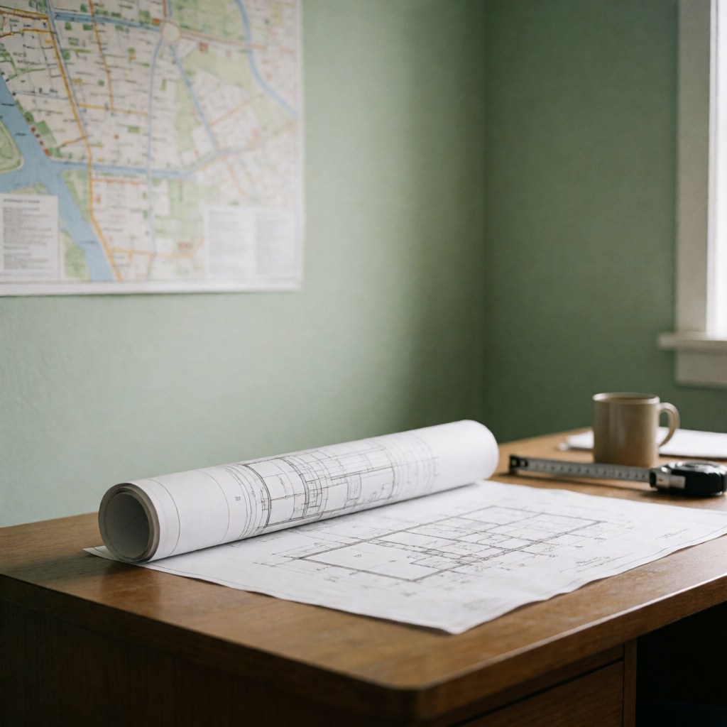 Architectural blueprint spread on a wooden desk in an office with a map on the wall.