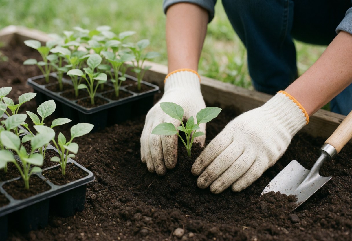 Gloved hands planting a seedling in dark soil near a shovel and trays of plants during outdoor landscaping work