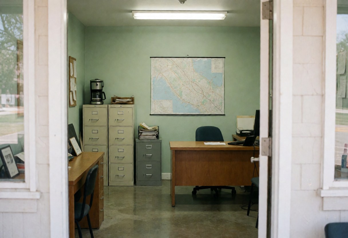 Construction office featuring a desk, filing cabinets, map, and coffee. Sage walls, polished concrete floor, and fluorescent lighting create a professional workspace.