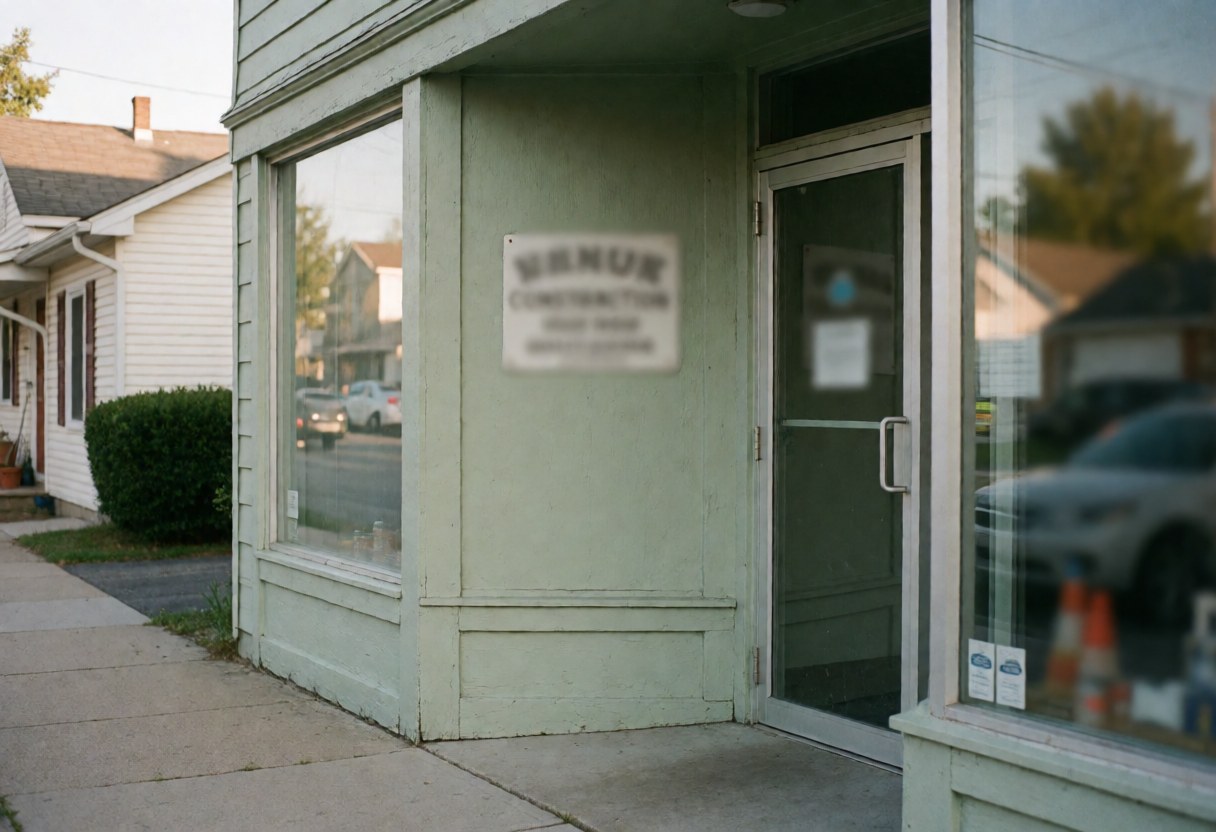 Green-walled construction business facade featuring a glass entrance door and blurred signage on a quiet suburban residential street.