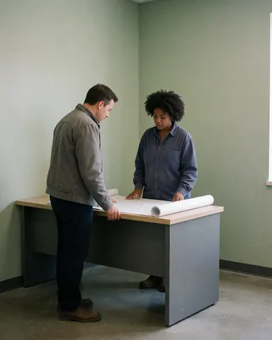 A happy client and professional reviewing construction blueprints on a desk in an office setting with concrete walls