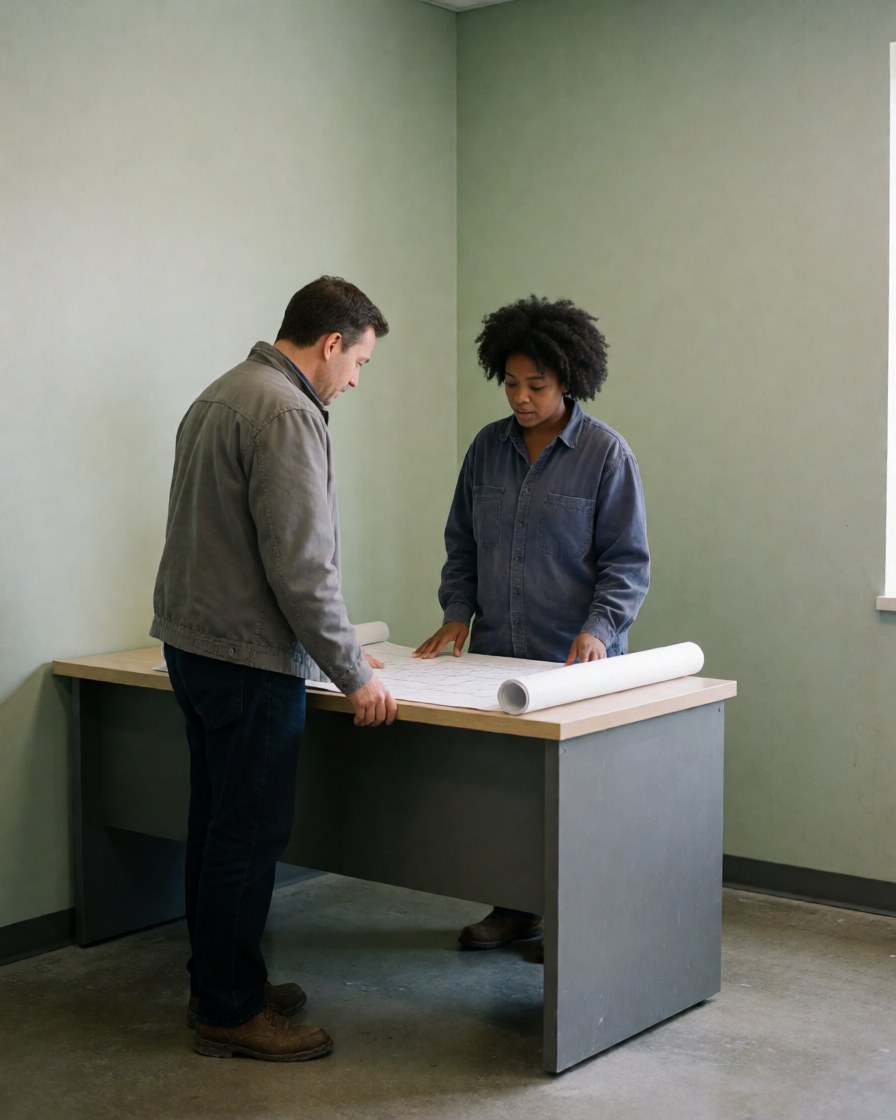 A happy client and professional reviewing construction blueprints on a desk in an office setting with concrete walls