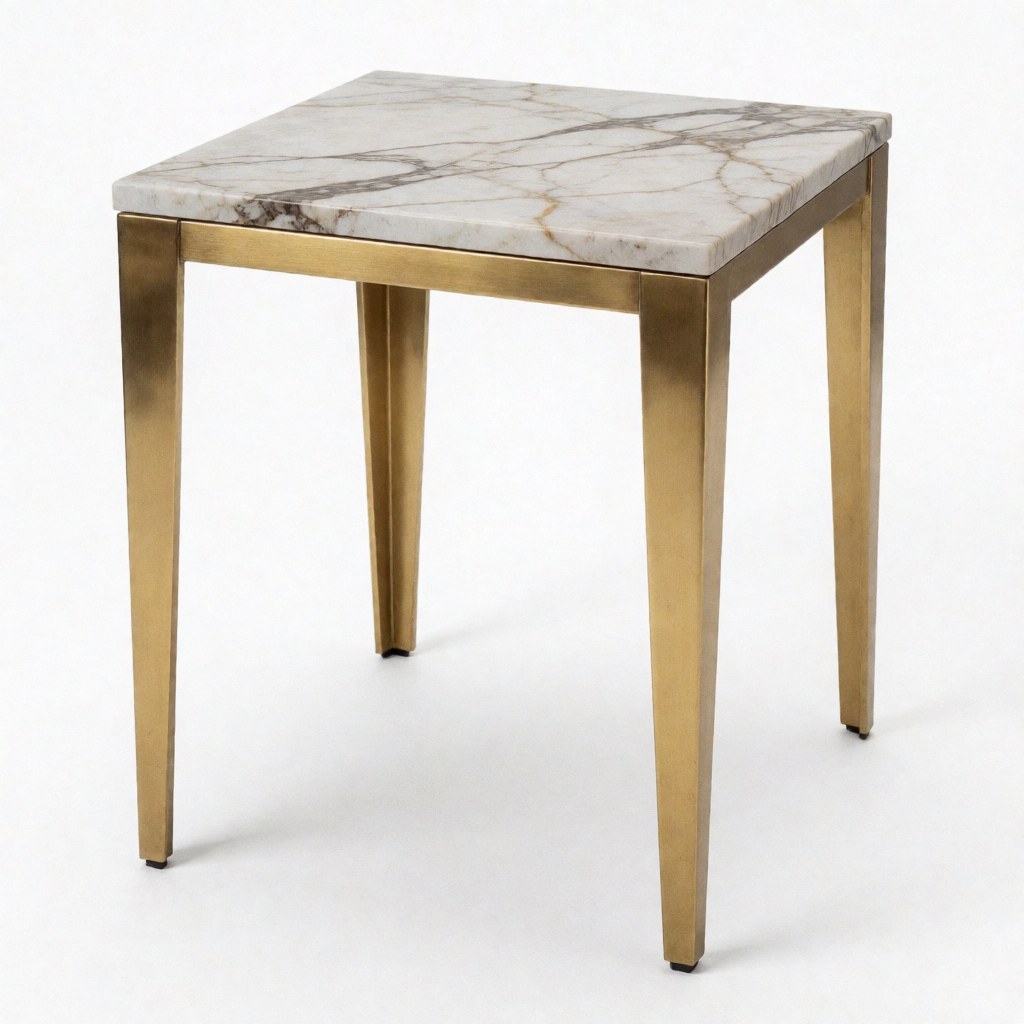 Modern coffee table featuring a white marble top and gold metal legs, set against a white background for furniture retail display