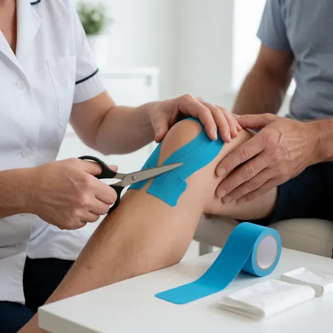 Physical therapist applying blue kinesiology tape to a patient's knee with scissors and tape roll on a white clinical table