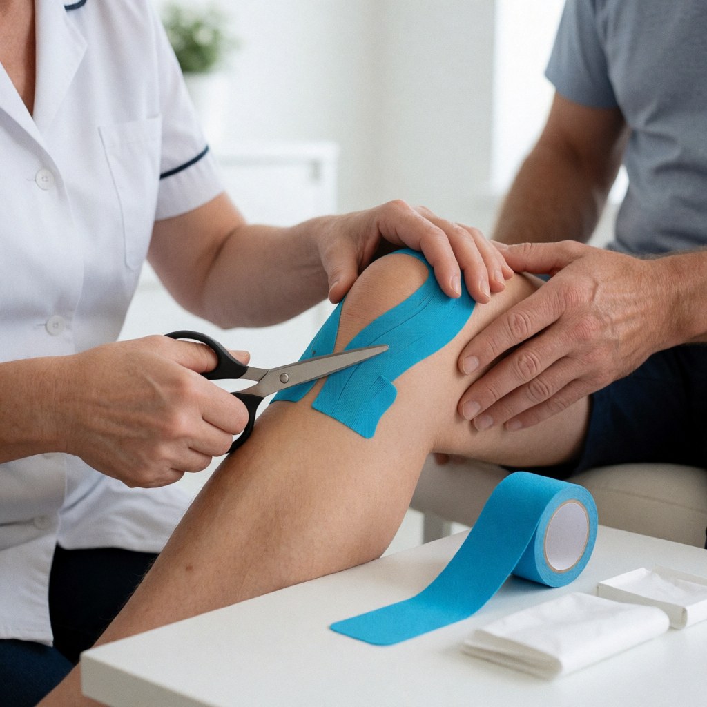 Physical therapist applying blue kinesiology tape to a patient's knee with scissors and tape roll on a white clinical table