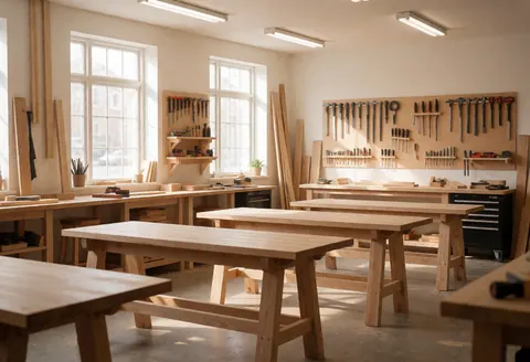 Empty woodworking workshop with wooden workbenches and tools hanging on the wall, lit by natural light.