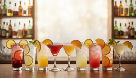 A bar counter with several colorful cocktails, garnished with orange and lemon slices, and liquor bottles on shelves in the background.