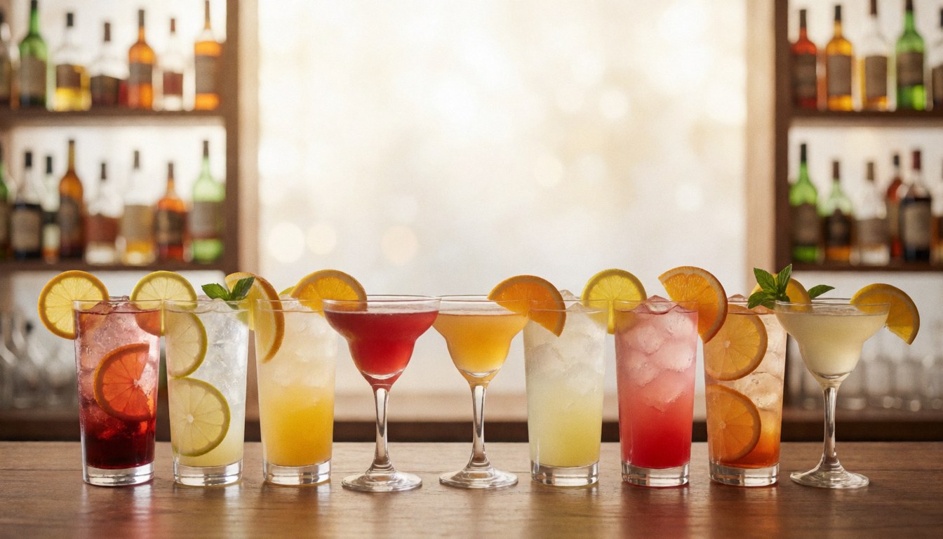 Assorted colorful cocktails served in glasses on a wooden bar counter with citrus garnishes and ice