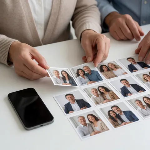Adults' hands arranging corporate headshot photos on a white table, with a smartphone beside them.