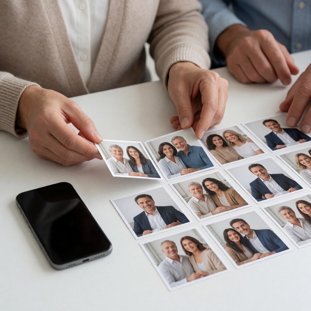 Adult hands arranging printed photos on a white table next to a smartphone to plan social media content
