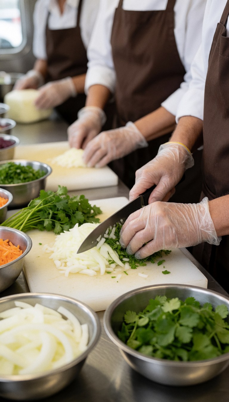 Gloved hands slicing fresh onion and cilantro on a white cutting board with metal containers of ingredients in a food truck kitchen