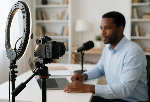 A professional instructor records an online course using a DSLR camera, microphone, and studio lighting in a home office setting with books and a desk.