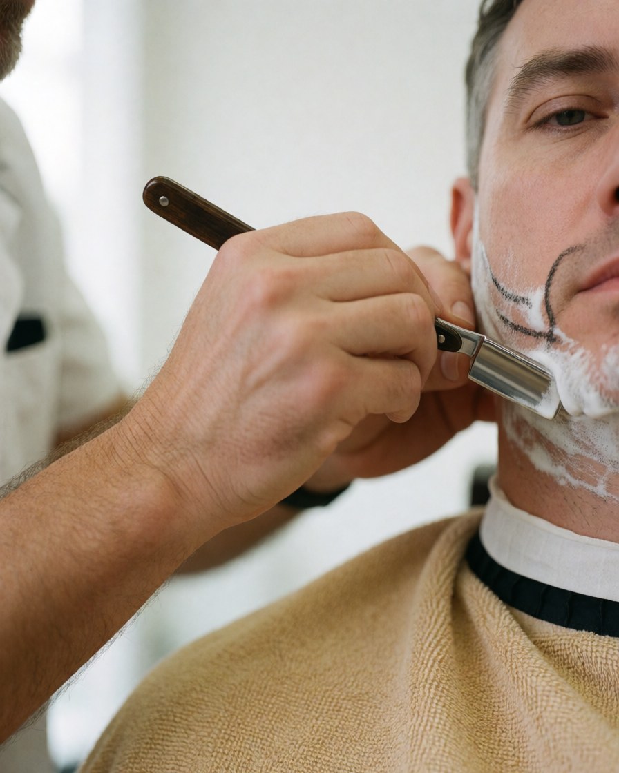 A barber carefully shapes a client's beard using a straight razor and shaving cream in a professional barbershop setting