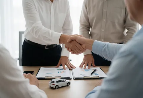 Insurance agent and client signing a contract with a model car, documents, and desk in an office.