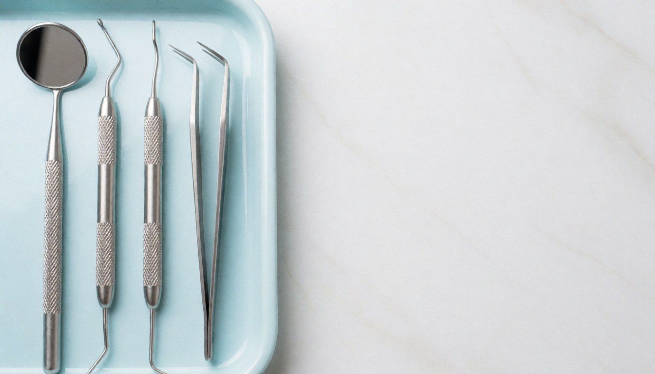Sterile dental tools including a mirror, probes, and forceps arranged on a blue tray against a white background, suitable for dental clinic backgrounds.