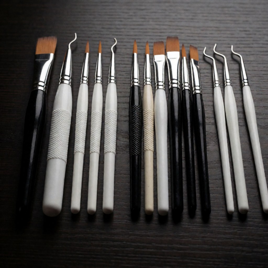 A row of professional nail art brushes and tools arranged on a dark wooden table with dramatic lighting and high contrast