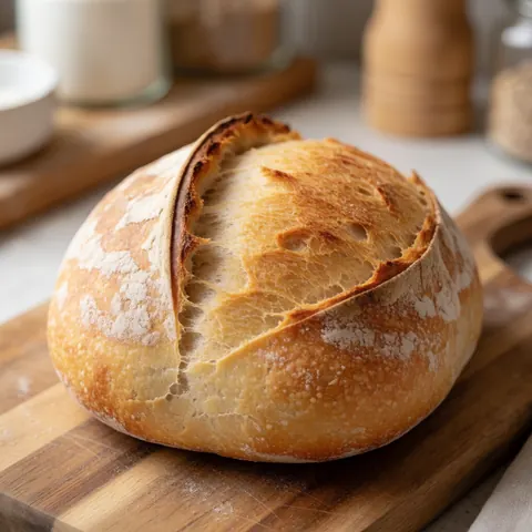 A loaf of freshly baked artisan sourdough bread resting on a rustic wooden surface, showcasing a golden crust and appealing texture for bakery product display.