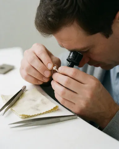 A jeweler with a magnifying glass inspects a diamond ring on a table with jewelry tools.