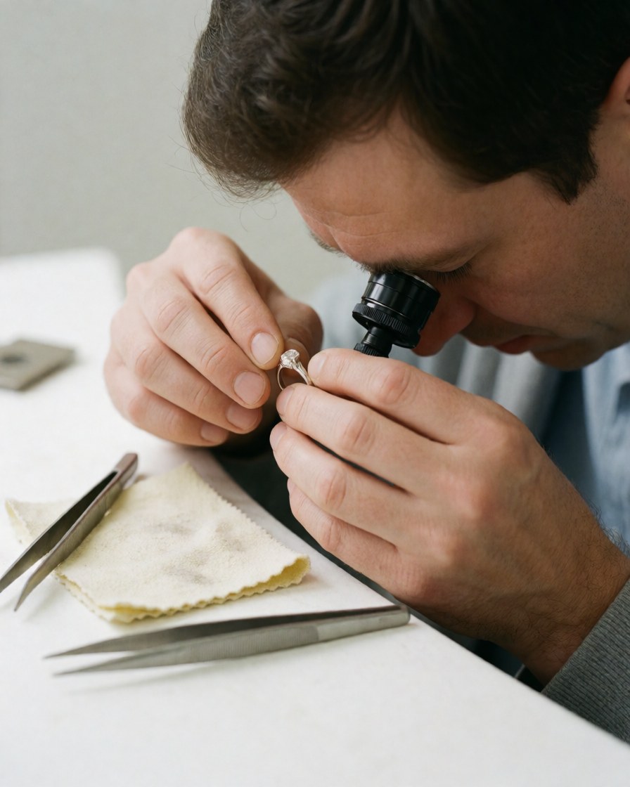 A jeweler examines a ring using a magnifying glass on a work table with tools and clean cloth under soft lighting