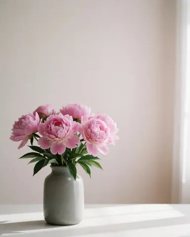 A bouquet of pink peonies arranged in a gray ceramic vase sitting on a white table against a light wall with natural window light
