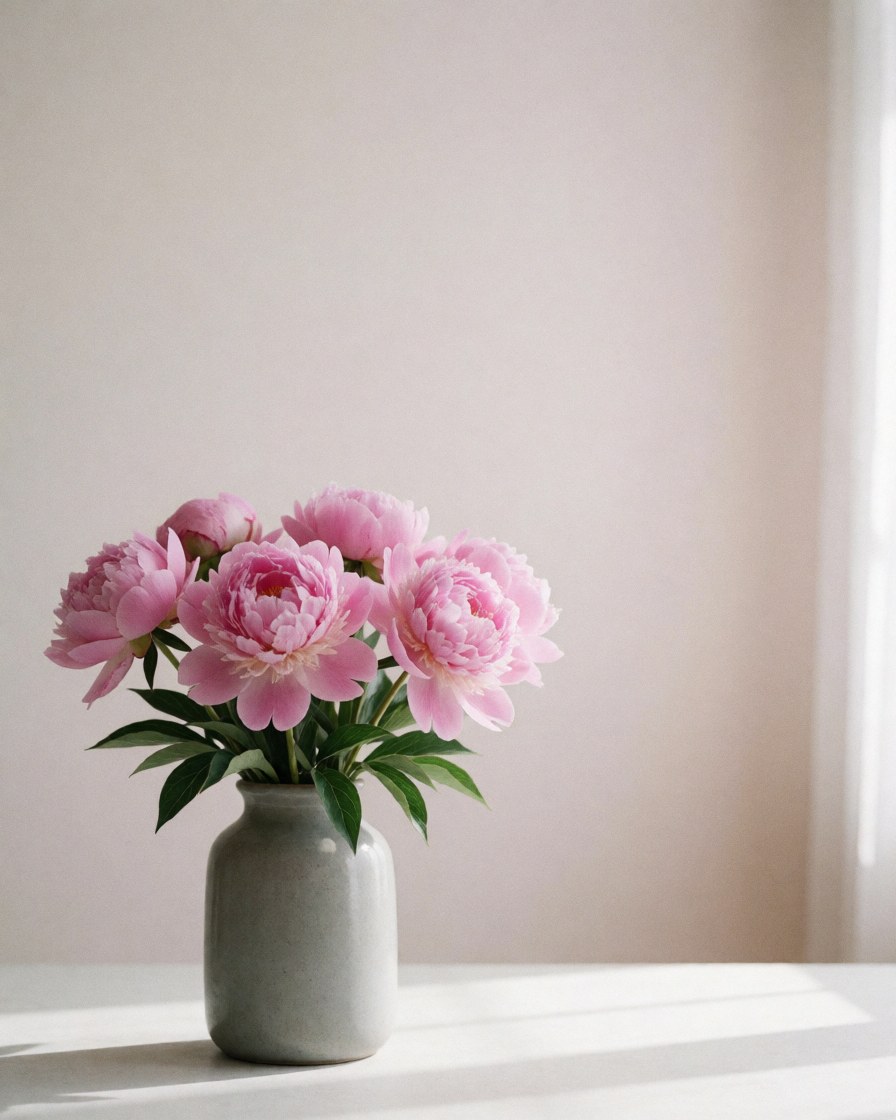 A bouquet of pink peonies arranged in a gray ceramic vase sitting on a white table against a light wall with natural window light
