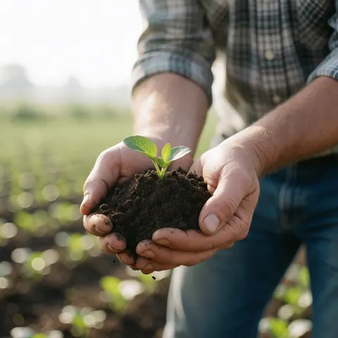 Close-up of a farmer's hand holding fertile soil with a young green sprout, agricultural field with young plants in the background, morning light, sustainable farming, planting, gardening, nature, professional, clean, realistic