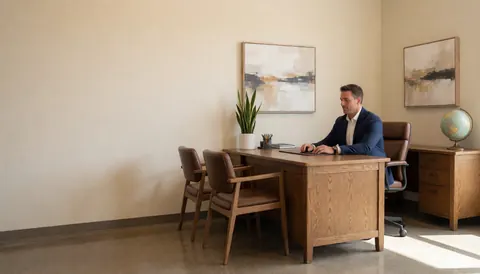 A consultant works at a wooden desk in a bright, modern office featuring leather chairs, abstract art, and a plant.