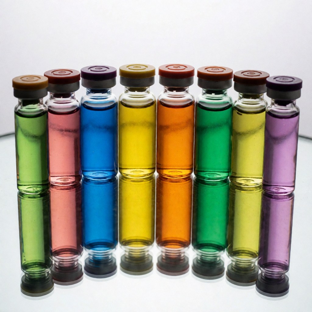 Vials of vibrant essential oils reflected in a mirror, professional lighting, ideal for modern spa and massage products