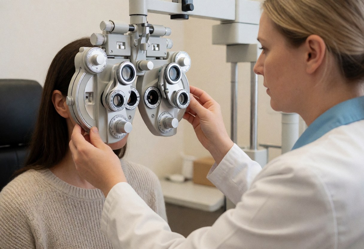 Close-up view of a phoropter being used during a professional eye examination to test vision and prescription.